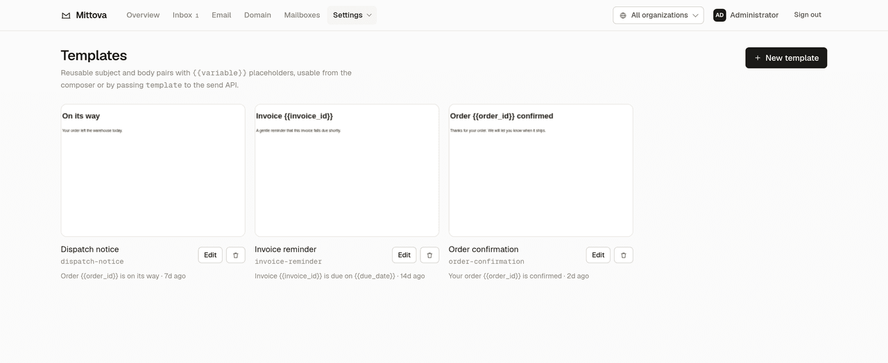 The template gallery, three templates with live previews and variable placeholders
